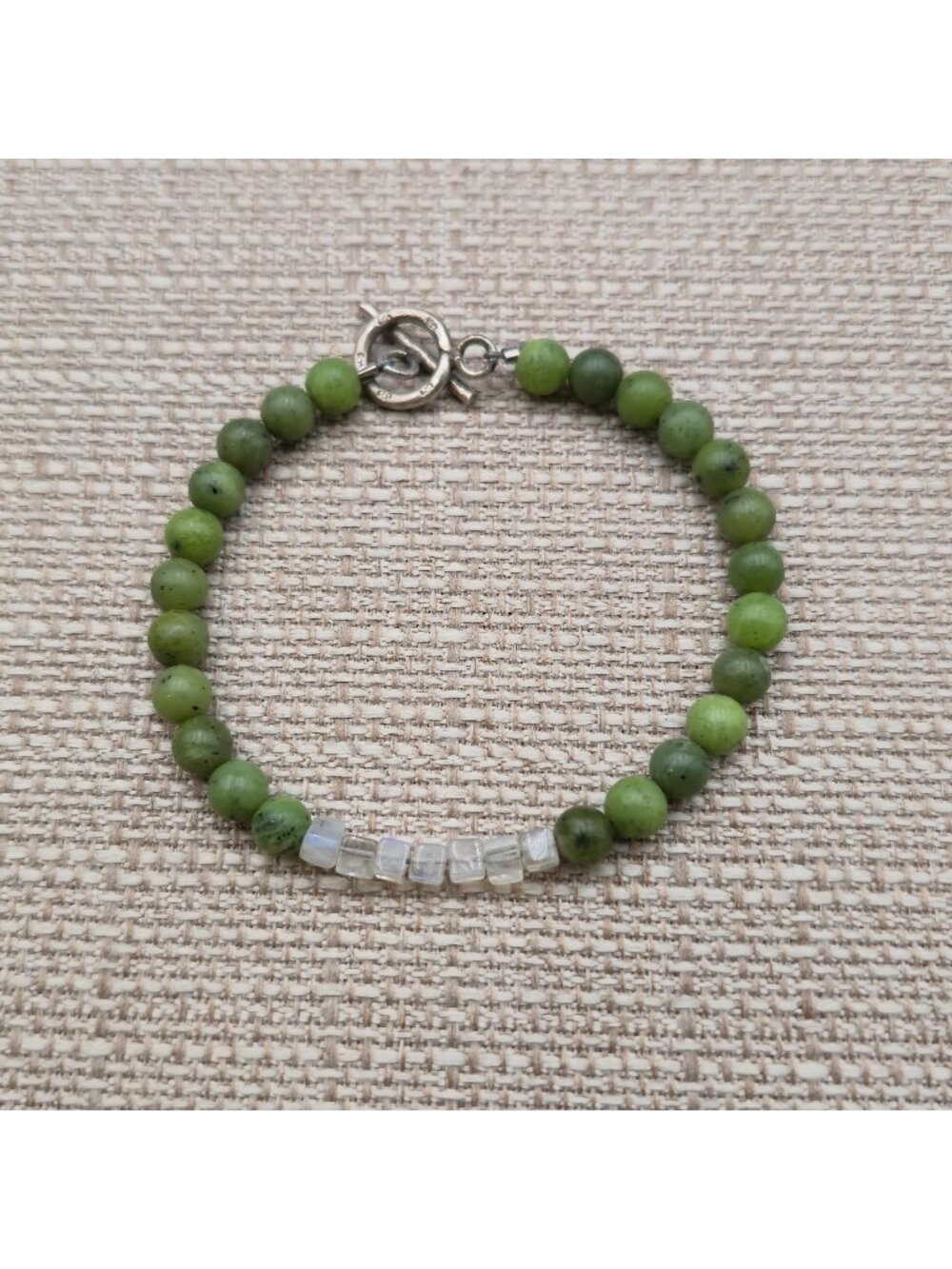 7 Inch Sterling Silver Green Jade and Moonstone Beaded Toggle Bracelet B1625